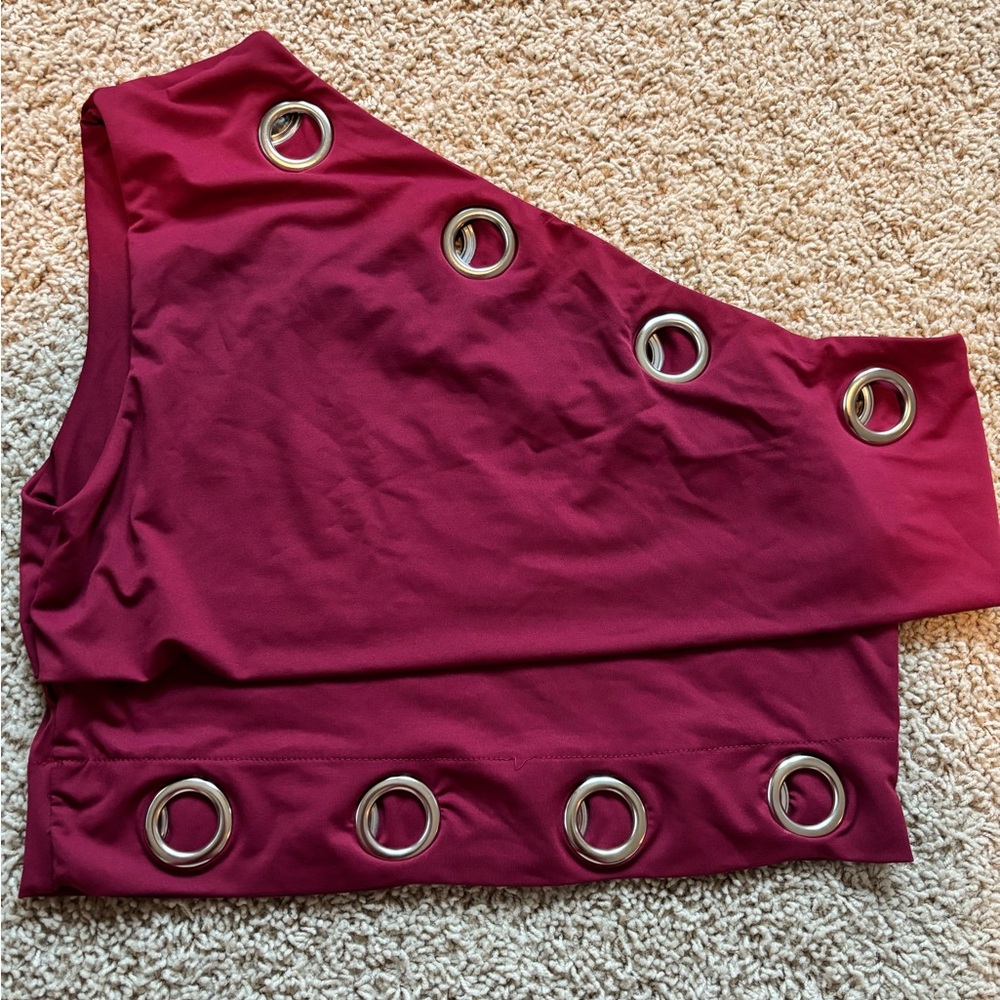 One-Shoulder Eyelet Crop Top in Deep Wine